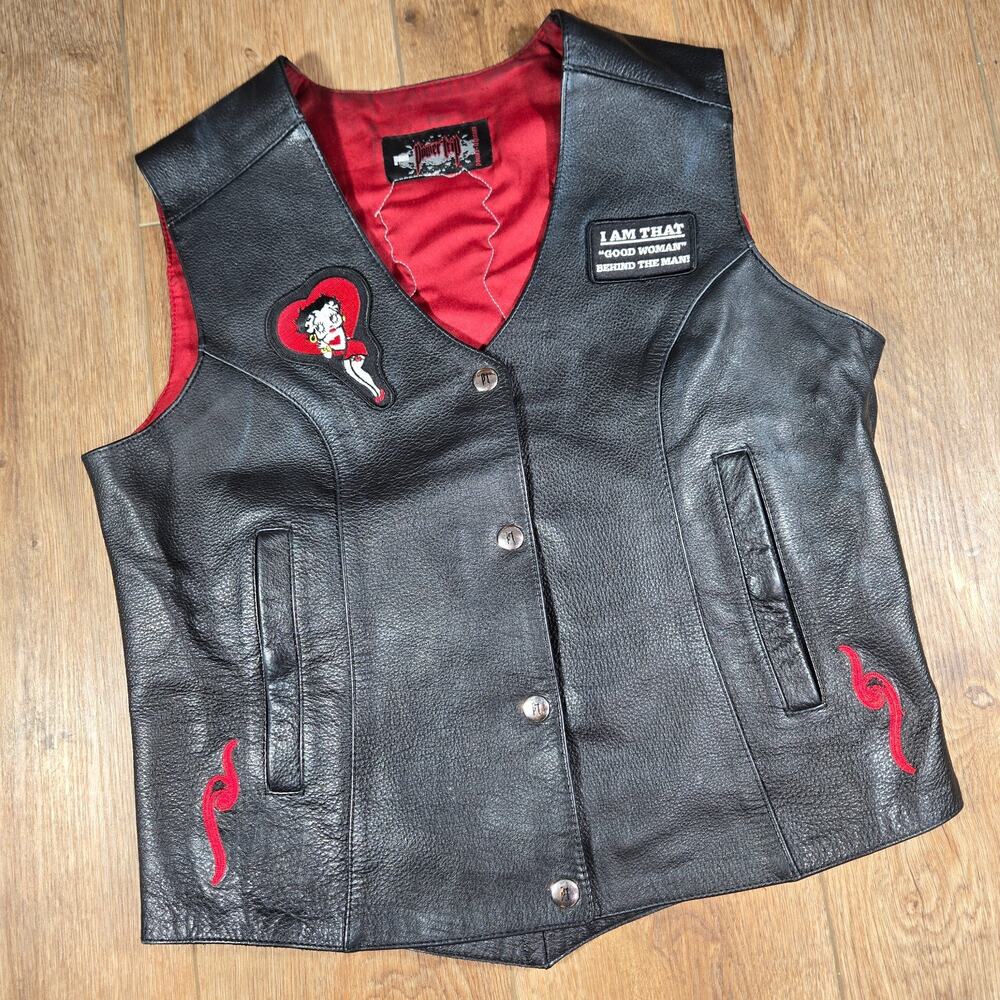 Power Trip Leather Vest Women’s Lace Up Motorcycle Black Red Betty Boop Large